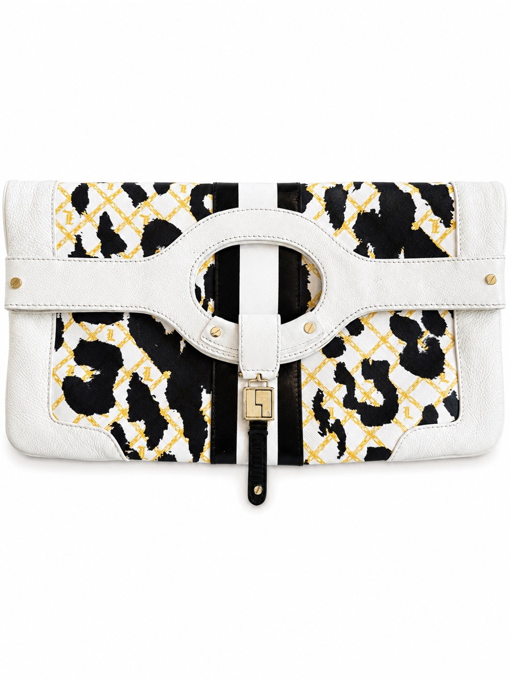 L.A.M.B. by Gwen Stefani Leopard Print Leather Clutch Purse White Black Gold